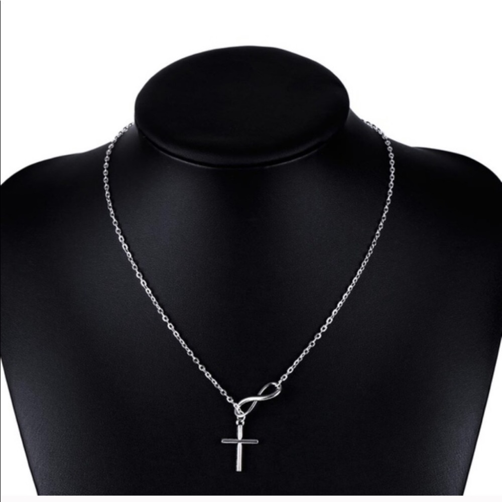 Cross Infinity Lariat Necklace in Silver Tone - Picture 2 of 2